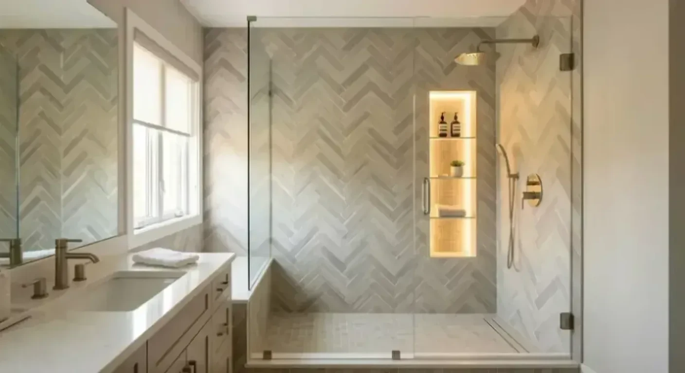 Vera Builders Modern walk-in shower remodel with herringbone tile in High Point, NC