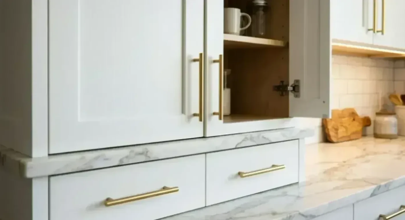 Vera Builders Custom kitchen cabinetry with shaker-style doors and brass hardware — Vera Builders
