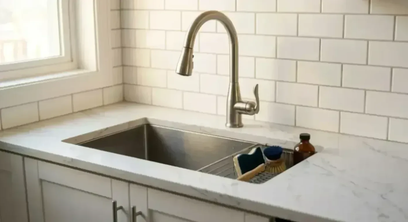 Vera Builders Premium quartz countertop with herringbone tile backsplash — kitchen remodeling High Point NC