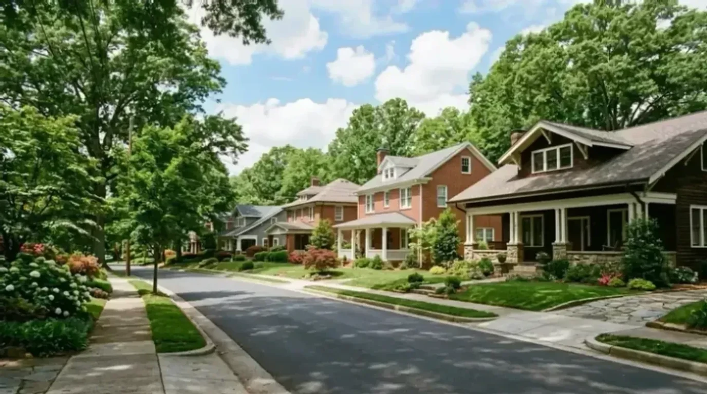 Craftsman-style homes in Winston-Salem, NC with mature trees and lush landscaping